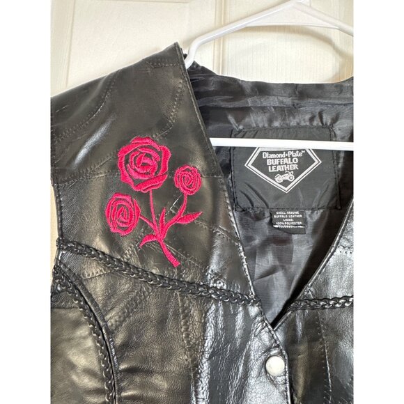 Diamond Plate Buffalo Leather Distressed Biker Vest Embroidered Roses Medium - Picture 2 of 8